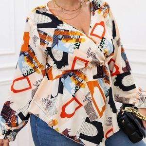Plus Size Graphic Print Flounce Sleeve Blouse